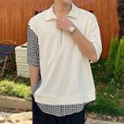 Elbow-sleeve Houndstooth Panel Zip-up Polo Shirt