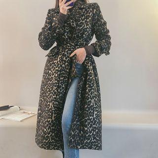 Belted Wool Blend Leopard Trench Coat Beige - One Size