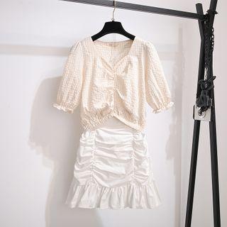 Plaid Elbow-sleeve Blouse / Ruched Mini Pencil Skirt / Set