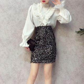 Set : Frill Trim Long-sleeve Chiffon Top + Sequined Mini Skirt