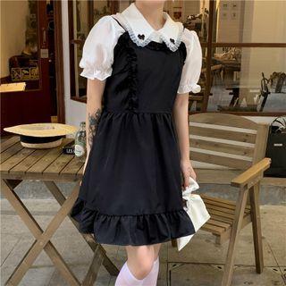 Puff-sleeve Collared Blouse / Plain Loose Fit Overall Dress