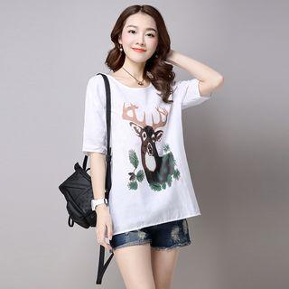 Deer Print Elbow Sleeve T-shirt