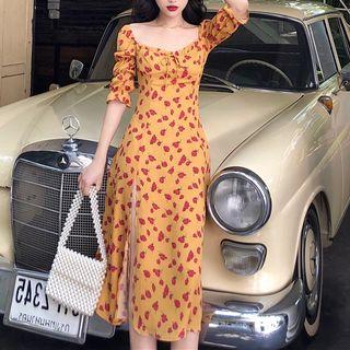 Rose Print Elbow-sleeve Split Midi A-line Dress