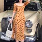 Rose Print Elbow-sleeve Split Midi A-line Dress