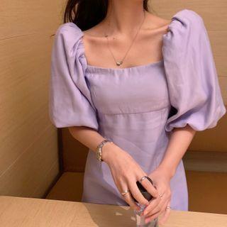 Lantern-sleeve Square Neck Plain Dress Purple - One Size
