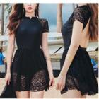 Set: Open Back Short-sleeve Swimsuit + Cover-up