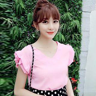 Ruffle Trim V-neck Short-sleeve Top
