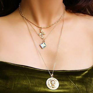 Coin Cross & Rhinestone Pendant Layered Necklace 2041 - Gold - One Size