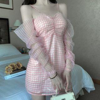 Removable Sleeve Spaghetti-strap Plaid A-line Dress