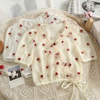 Tie-hem Embroidered Mesh Crop T-shirt