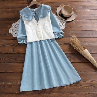 Collared Corduroy Midi A-line Dress / Button-up Vest / Set