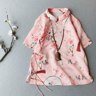 Short-sleeve Floral Print Frog-buttoned Blouse
