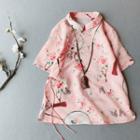 Short-sleeve Floral Print Frog-buttoned Blouse