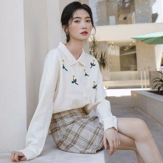Floral Embroidered Collared Cardigan Beige Almond - One Size