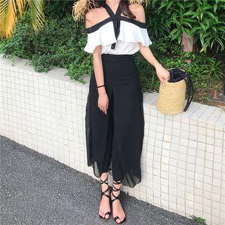 Set: Frilled Open Shoulder Top + Wide Leg Pants