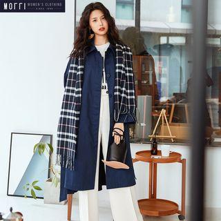 Insert-scarf Pleated-back Long Jacket With Sash