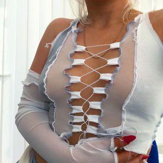 Mesh Panel Lace-up Crop Tank Top
