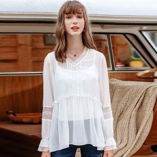 Lace Panel Bow Back Chiffon Blouse