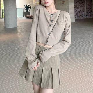 Embroidered Cardigan / Striped Mini Skirt