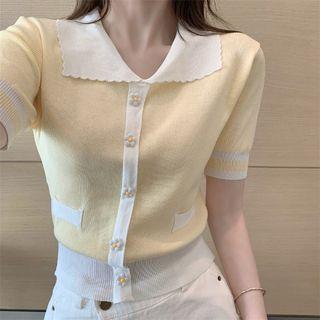 Short-sleeve Collar Knit Top Yellow - One Size