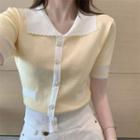 Short-sleeve Collar Knit Top Yellow - One Size
