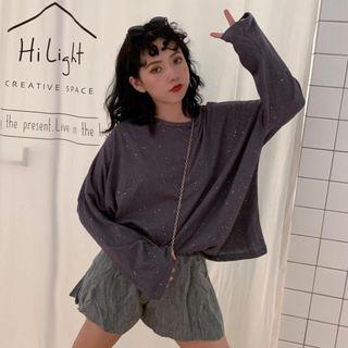 Long-sleeve Glitter T-shirt / Elastic Waist Shorts