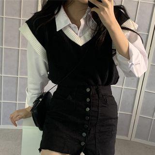 Two Tone Knit Vest Black - One Size