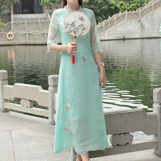 Set: Elbow-sleeve Qipao Midi Dress + Strappy Slipdress