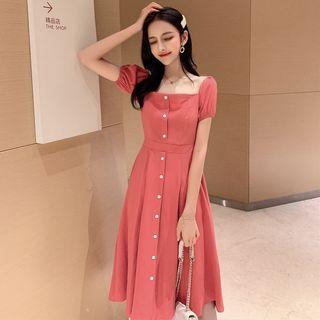 Puff-sleeve Single-breasted Midi Dress