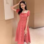 Puff-sleeve Single-breasted Midi Dress