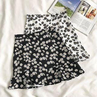 Floral High-waist Ruffled-trim Skirt