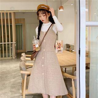 Mock Neck Long-sleeve Knit Top/ Midi Pinafore Dress
