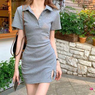 Plain Embroider Letter Skinny Split Mini Dress