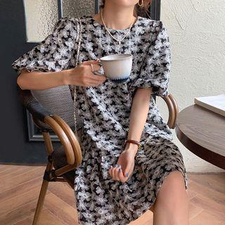 Lantern Sleeve Flower Embroidered Mermaid Mini Shift Dress