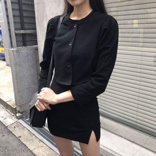 Set: Crew-neck Long-sleeve Top + Slit Detail Mini Skirt