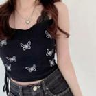 Butterfly Print Drawstring Crop Camisole Top