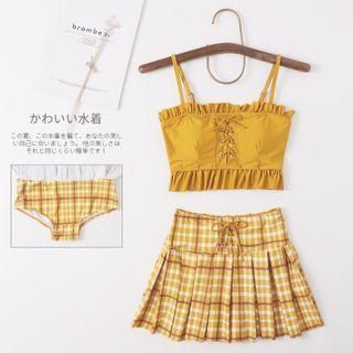 Set: Spaghetti-strap Swim Top + Plaid Swim Skirt