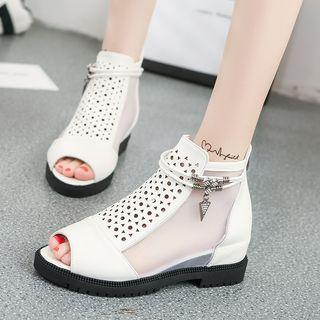 Peep Toe Mesh Paneled Perforated Hidden Heel Short Boots