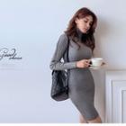 Long-sleeve Plain Mock-neck Knit Sheath Dress