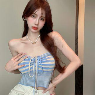 Halter Striped Cropped Camisole Top Blue - One Size