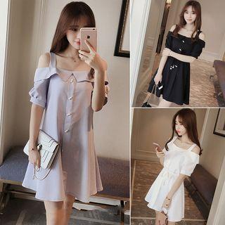 Short-sleeve Cold Shoulder Chiffon Dress With Sash