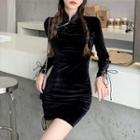 Long-sleeve Mandarin Collar Mini Sheath Dress