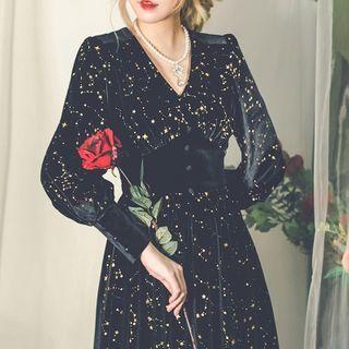 Star Print Velvet V-neck Dress