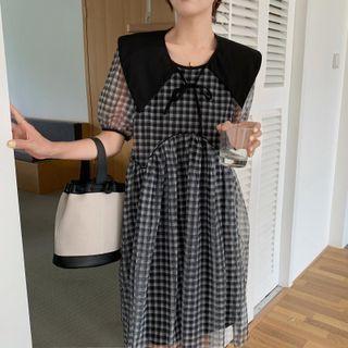 Short-sleeve Plaid Mesh A-line Dress Gingham - Black & White - One Size
