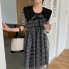 Short-sleeve Plaid Mesh A-line Dress Gingham - Black & White - One Size