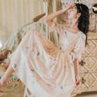 Bell-sleeve Print Midi A-line Dress