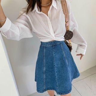 Knot-front Banded-back Cropped Shirt