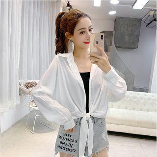 Long-sleeve Dotted Tie-waist Chiffon Shirt