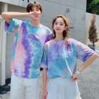 Short-sleeve Tie Dye T-shirt Purple & Blue & Pink - One Size