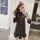 Two-piece: Long-sleeved Plain Top + Spaghetti-strap Tie-waist Striped A-line Dress